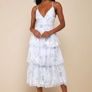 Lulus Deeply Delightful Light Blue Floral Tiered Lace-Up Midi Dress Small NEW